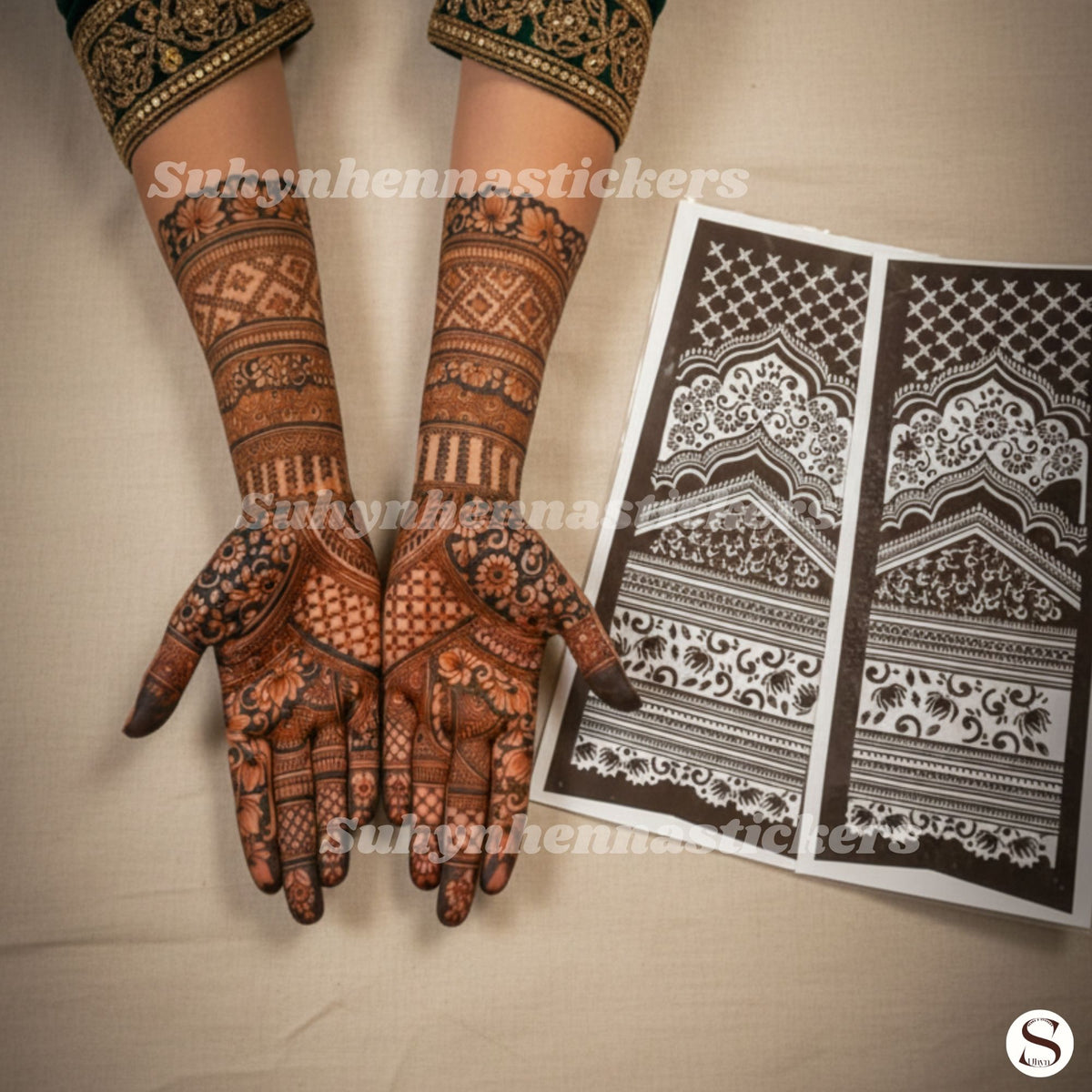 Royal Arch Lattice Mehendi Stencil with layered scalloped arches, lattice panels, floral bands and extended ornamental coverage by Suhyn
