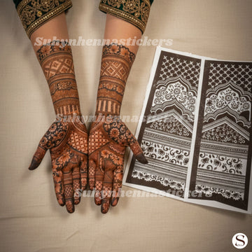 Royal Arch Lattice Mehendi Stencil with layered scalloped arches, lattice panels, floral bands and extended ornamental coverage by Suhyn
