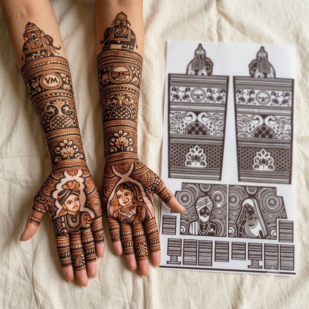 Royal bride groom Mehendi stencil with elephant motifs and traditional bridal panels by Suhyn
