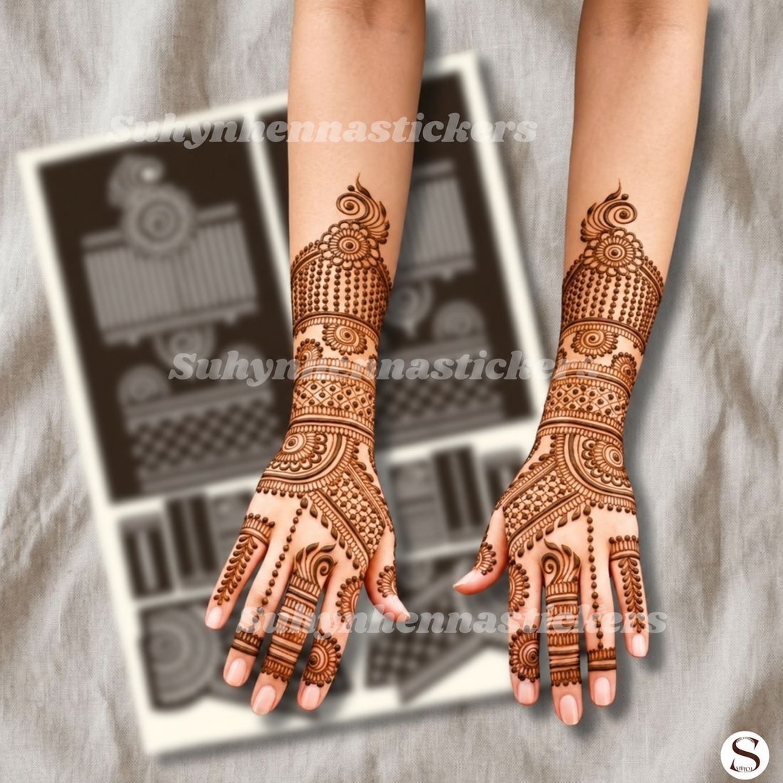 Royal paisley chain Mehendi stencil with dotted trails ornamental wrist bands and delicate finger patterns by Suhyn
