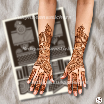 Royal paisley chain Mehendi stencil with dotted trails ornamental wrist bands and delicate finger patterns by Suhyn
