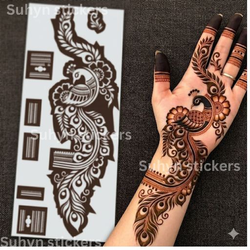 Traditional paisley vine mehendi sticker with sweeping floral curves, detailed palm artwork and coordinated finger stencil sections by Suhyn
