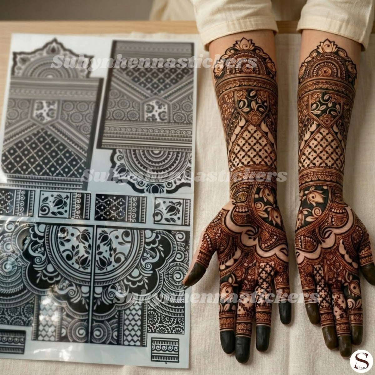 Royal Peacock Arch Bridal Mehendi Stencil with ornate arch patterns, bold curves, dense fillers and full forearm bridal styling by Suhyn
