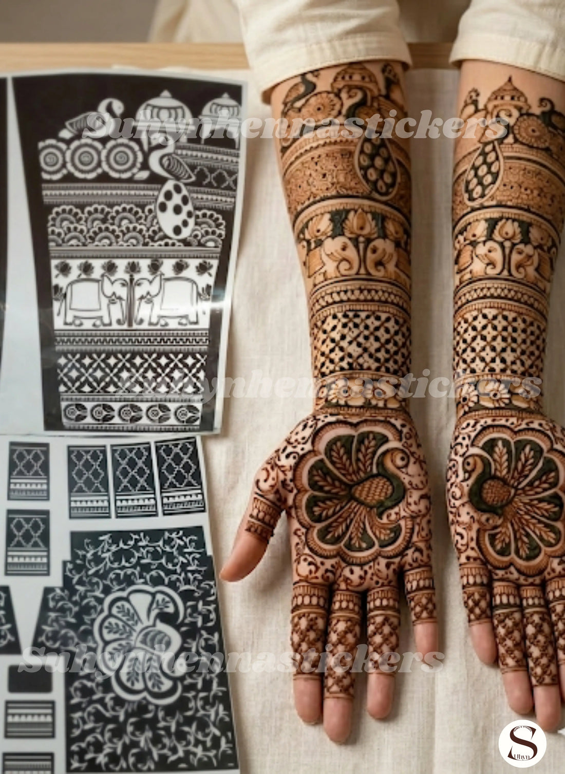 Royal peacock bridal full hand mehendi sticker with elephant lotus and floral patterns
