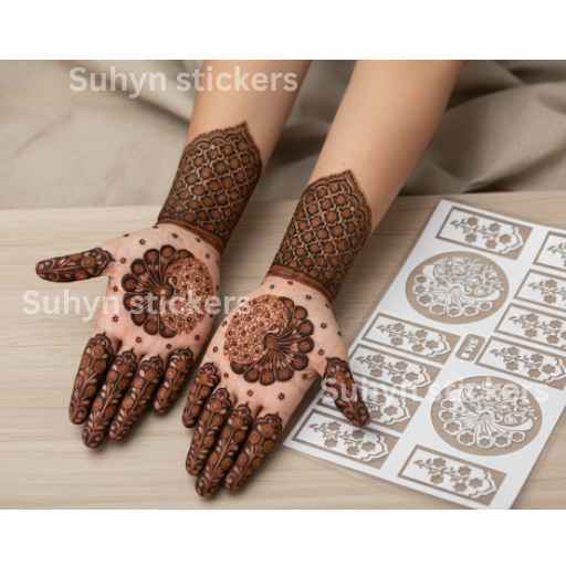 ALT TEXT
Ornate peacock inspired henna stencil featuring circular floral palms, patterned fingers and decorative wrist detailing