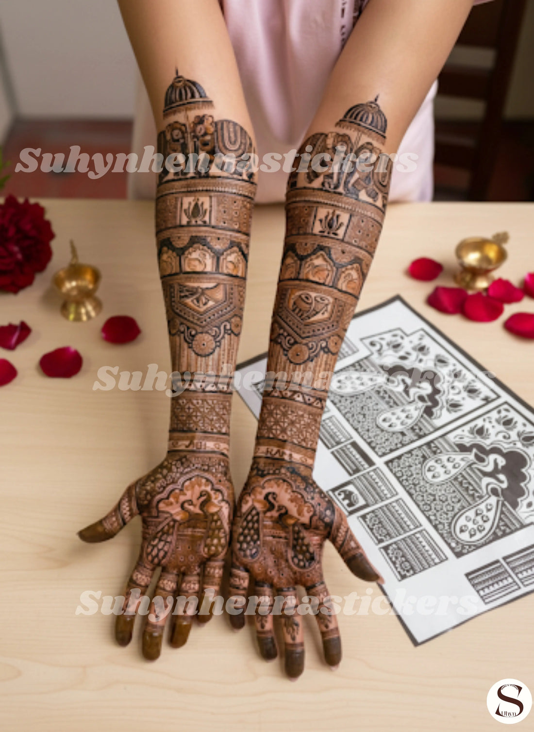 Royal traditional bridal full hand mehendi sticker with elephant and floral motifs
