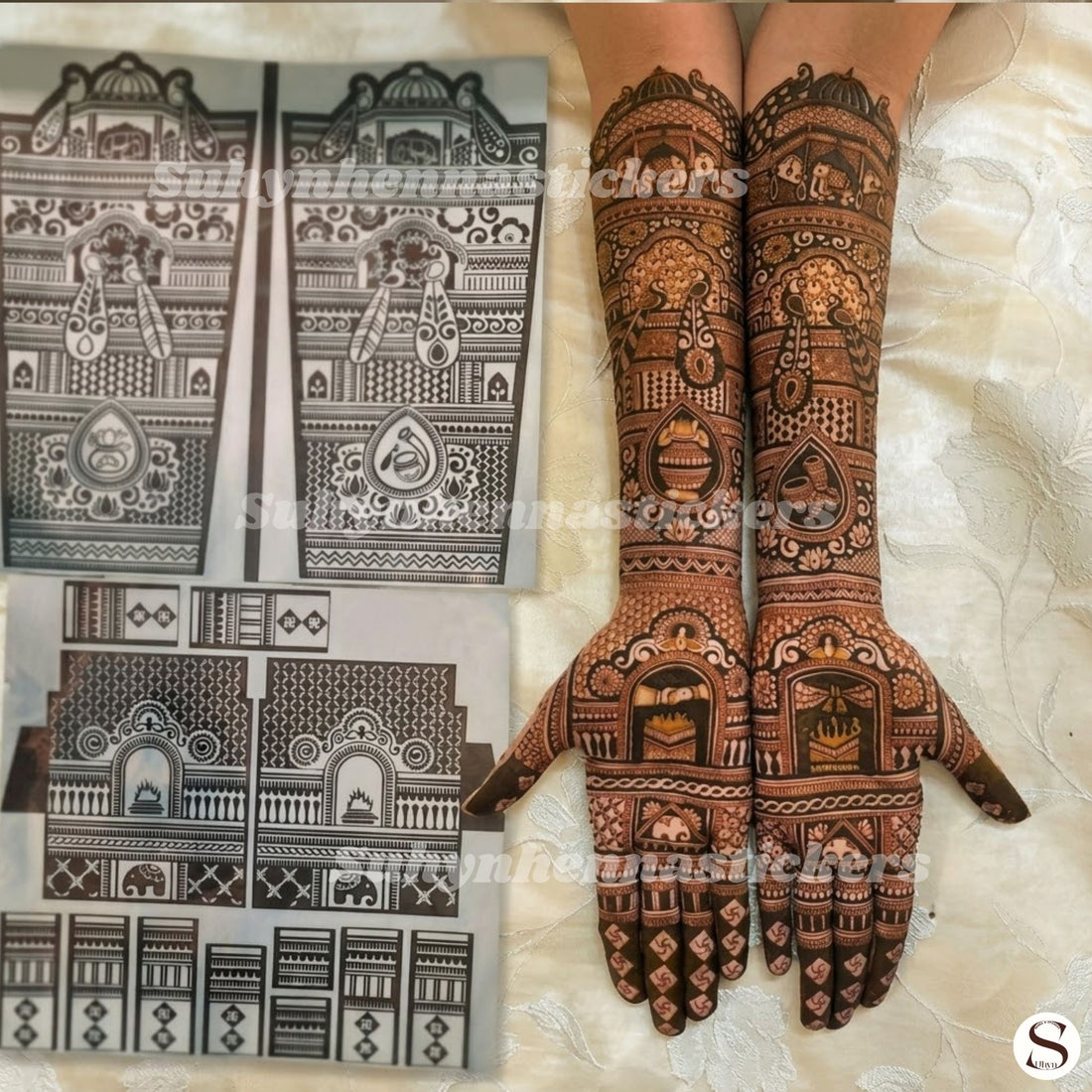 Sacred Celebration Story Mehendi Stencil with festive symbolic panels, decorative bands and detailed full-hand coverage by Suhyn