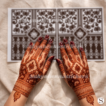 Simple back hand mehendi sticker with diamond flower centre, finger designs and wrist bands by SUHYN
