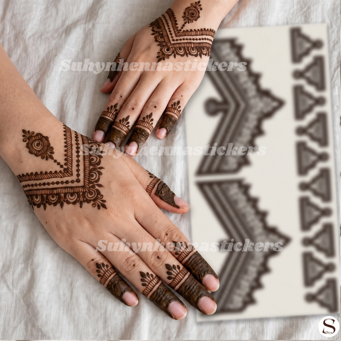 Simple back hand mehendi sticker with V-shape wrist border, small flowers and finger bands by SUHYN