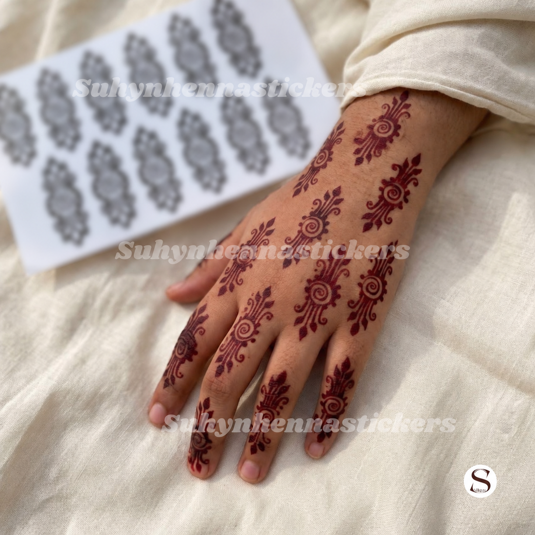 Spiral leaf accent Mehendi stencil with repeating swirl motifs and small leafy details for hands and fingers by Suhyn