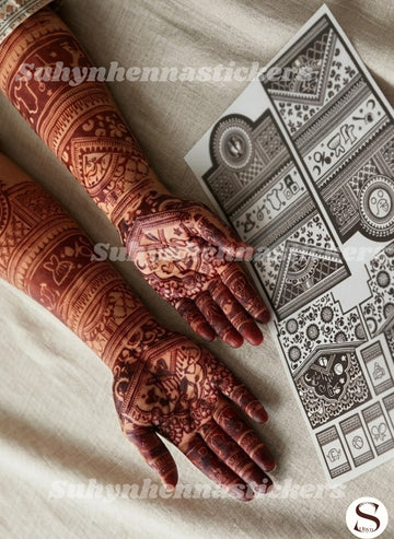 Storybook bridal mehendi stencil with illustrated couple motifs, decorative panels, wedding symbols and detailed full hand coverage
