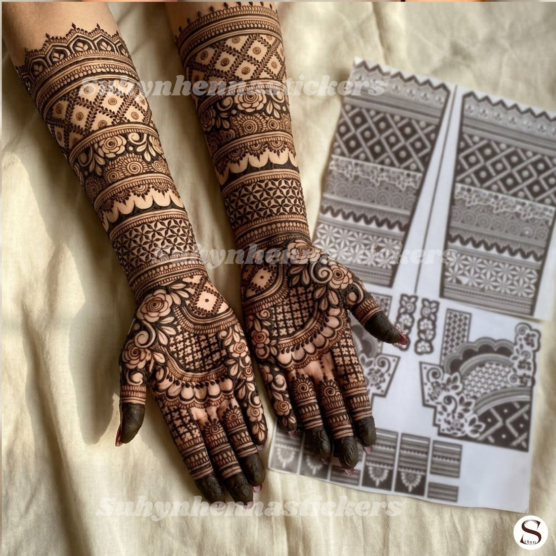 Heirloom jaal harmony Mehendi Sticker for hands with floral arches, patterned sections and coordinated traditional detailing by Suhyn
