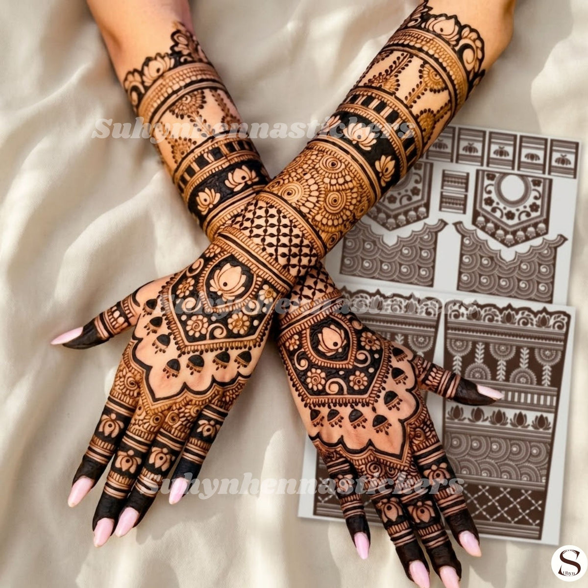 Lotus crest symmetry Mehendi Sticker for hands with layered bands, floral details and extended wrist design by Suhyn
