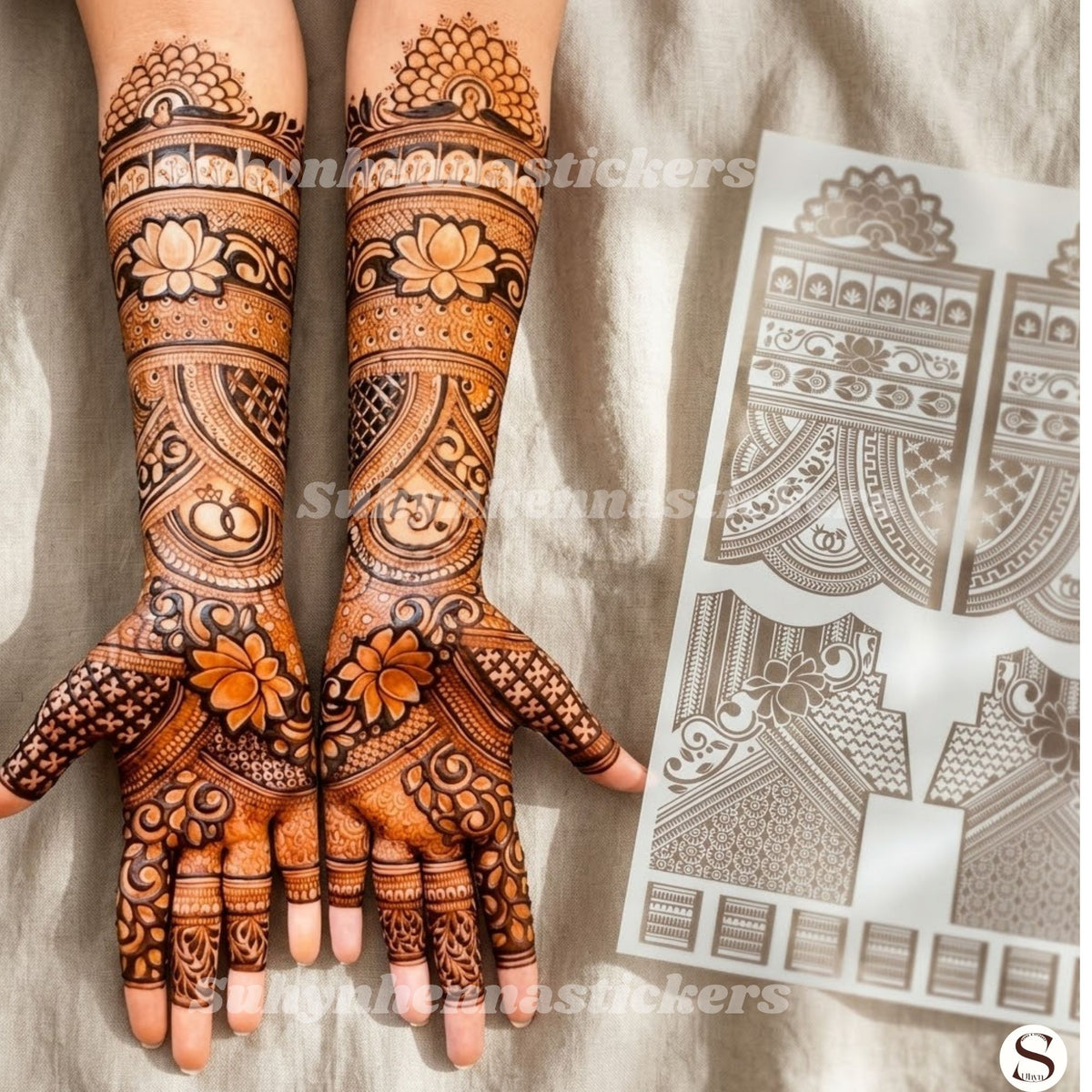 Regal lotus lattice Mehendi Sticker for hands with floral accents, patterned bands and elegant extended detailing by Suhyn
