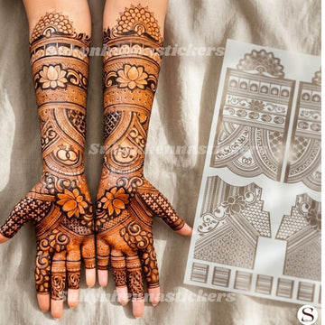 Regal lotus lattice Mehendi Sticker for hands with floral accents, patterned bands and elegant extended detailing by Suhyn
