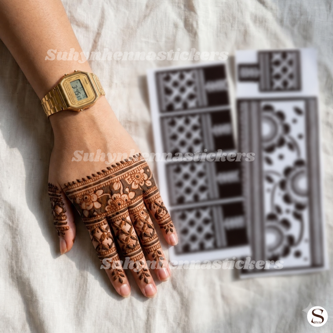 Sunflower vine hand Mehendi stencil with floral wrist panel lattice fingers and leafy accents by Suhyn
