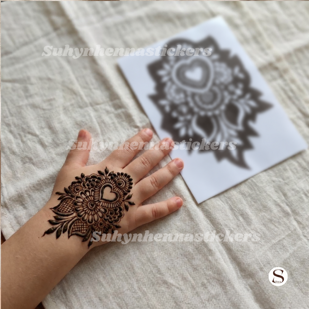 Sweetheart Garden Kids Mehendi Stencil with central heart motif, small flowers, leaves and compact decorative detailing by Suhyn