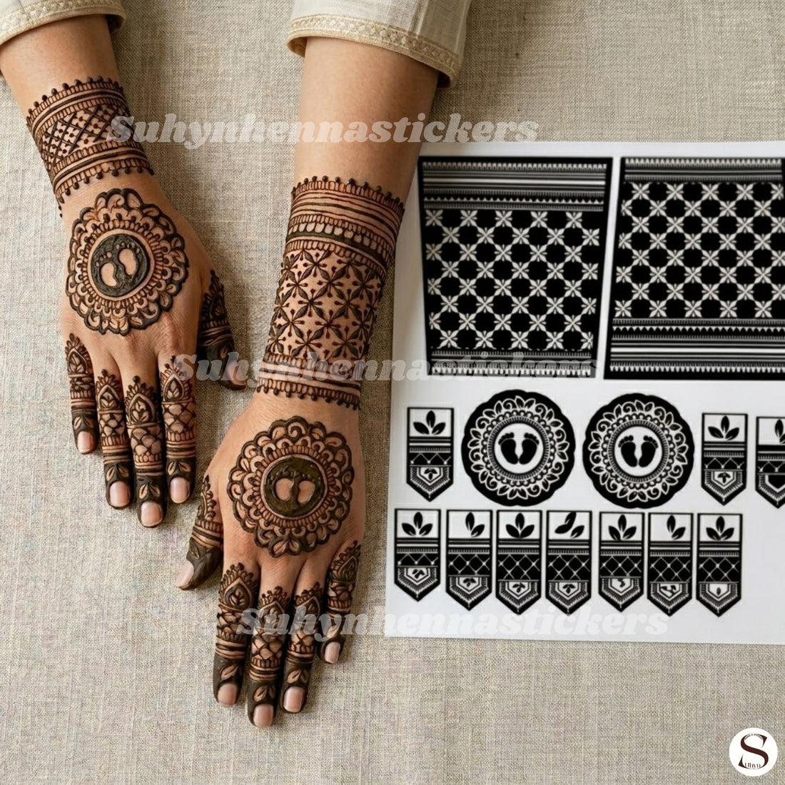 Tiny Footprint Baby Shower Mehendi Stencil with circular baby footprint motifs, patterned wrist bands and cute finger detailing by Suhyn