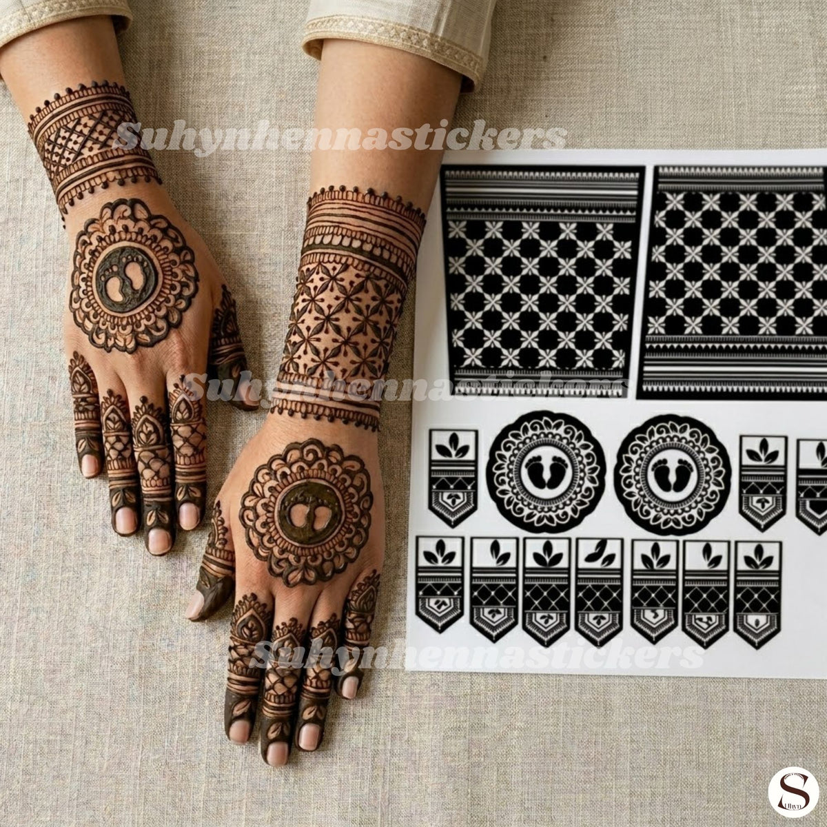 Tiny Footprint Baby Shower Mehendi Stencil with circular baby footprint motifs, patterned wrist bands and cute finger detailing by Suhyn