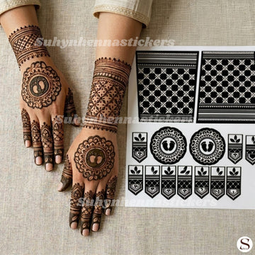 Tiny Footprint Baby Shower Mehendi Stencil with circular baby footprint motifs, patterned wrist bands and cute finger detailing by Suhyn