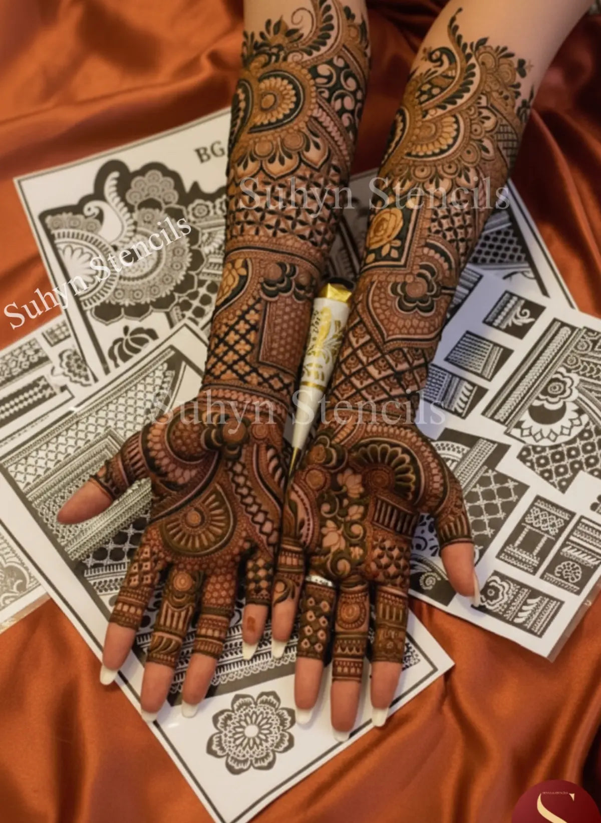 Traditional bridal full hand mehendi sticker with heavy floral and geometric patterns
