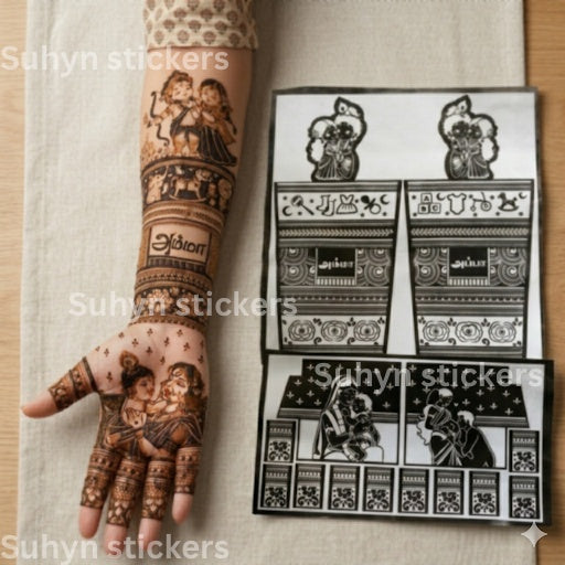 Traditional bridal full hand mehendi sticker with heavy floral and geometric patterns

