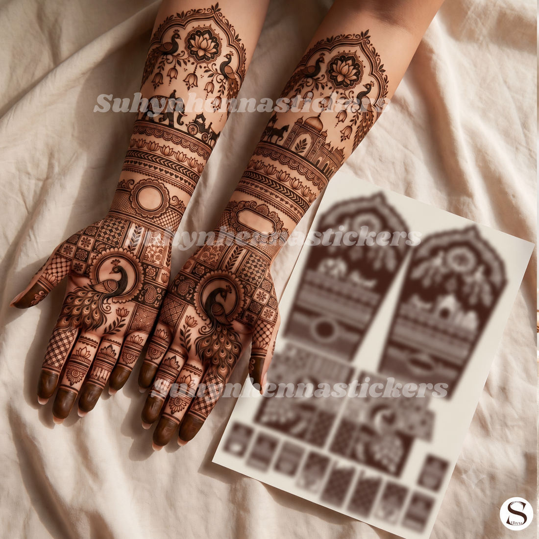 Traditional full hand bridal mehendi sticker with peacocks, lotus flowers, elephant and wedding designs by SUHYN
