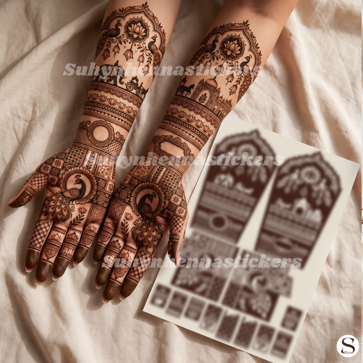 Traditional full hand bridal mehendi sticker with peacocks, lotus flowers, elephant and wedding designs by SUHYN
