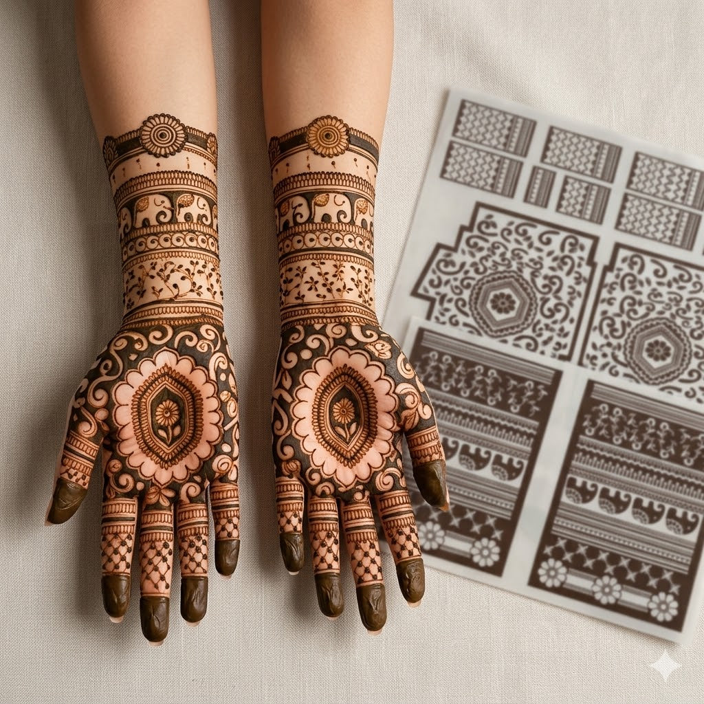 Symmetrical palm mehendi stencil featuring oval medallion centres, scrollwork borders, and matching wrist bands by Suhyn
