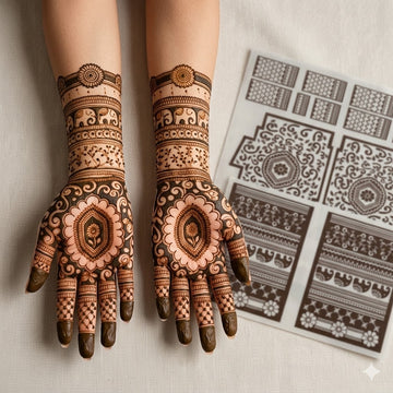 Symmetrical palm mehendi stencil featuring oval medallion centres, scrollwork borders, and matching wrist bands by Suhyn
